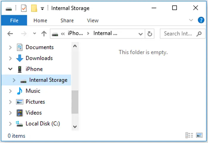Empty iPhone Internal storage on Windows 10