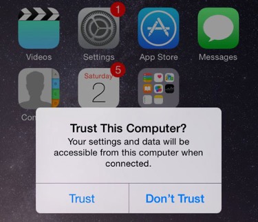 iOS computer trust dialog. You should press Trust if connected to your PC.