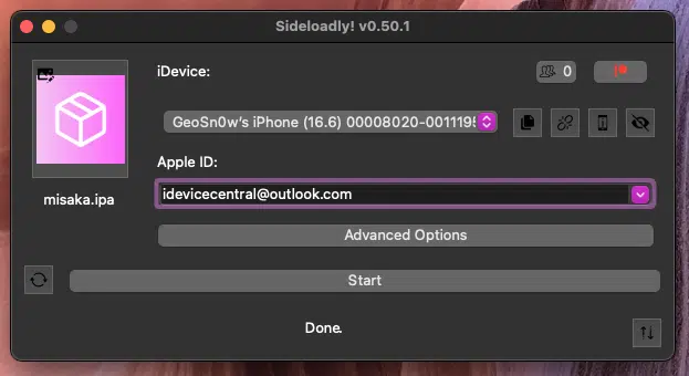 Sideloading Misaka on iOS 16 with Sideloadly