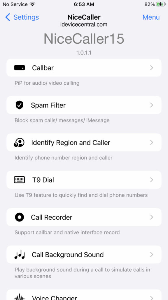 NiceCaller15 Settings page