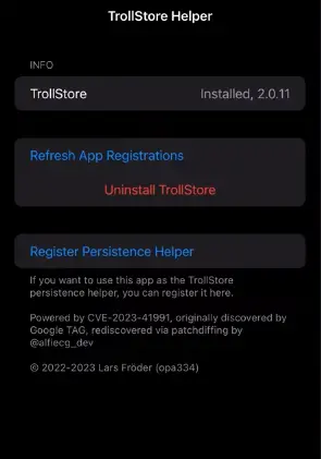 TrollStore Helper showing TrollStore 2 installed.