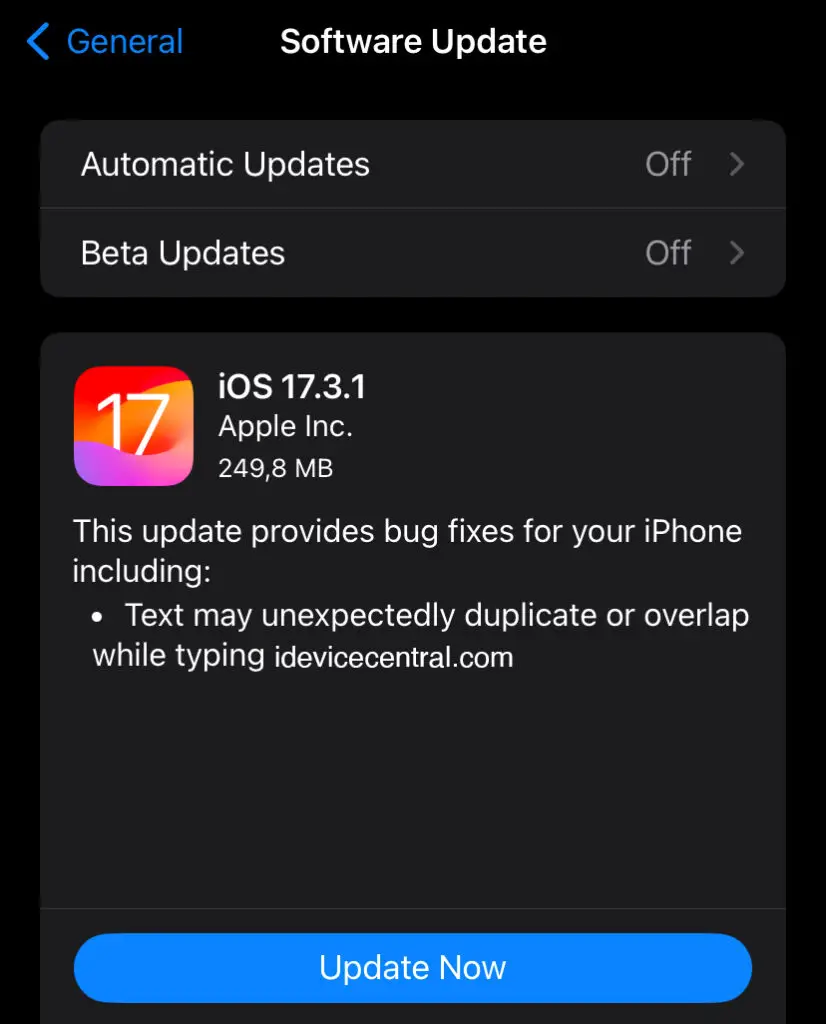 iOS 17.3.1 changelog in iOS Settings.