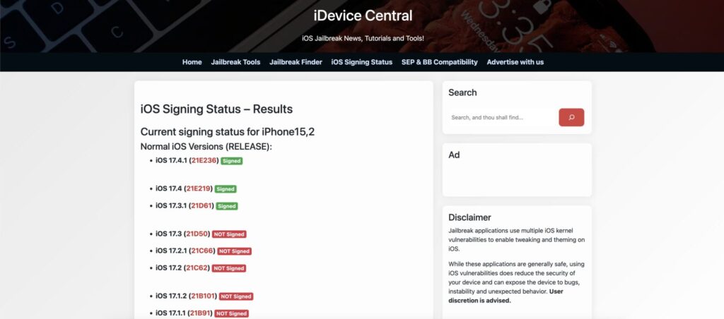 iOS 17.3.1 signing status on iDevice Central.