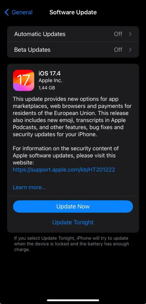 iOS 17.4 changelog in the European Union bringing support for third-party App Stores.