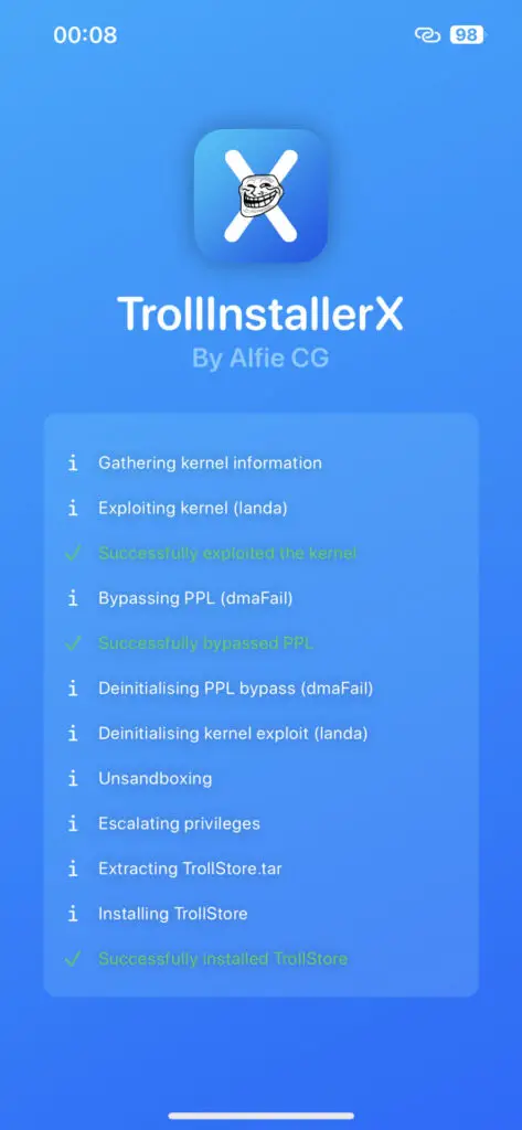 TrollInstallerX application on iOS. Install TrollStore easily.
