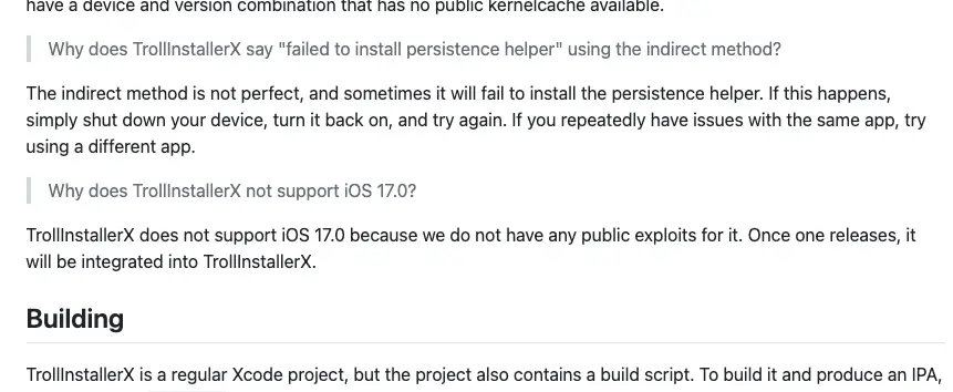 Alfie CG, the developer of TrollInstallerX intends to update it for iOS 17.0 once an exploit is released.