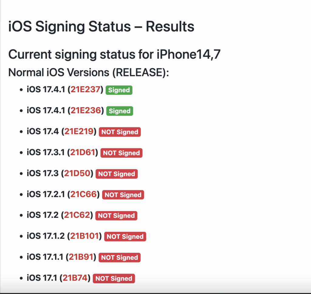 Our iOS Signing status page shows iOS 17.3.1 is no longer signed.