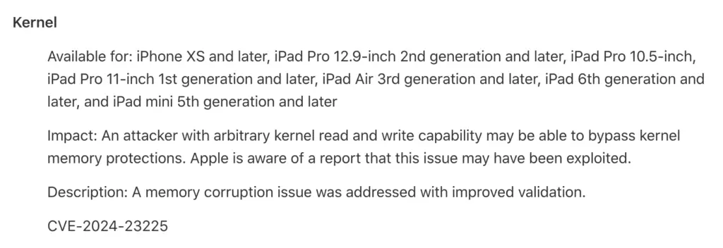 The security content of iOS 17.4 shows a rather intriguing kernel vulnerability.