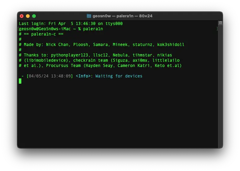 PaleRa1n jailbreak running on macOS Terminal waiting for an iOS device to be connected.
