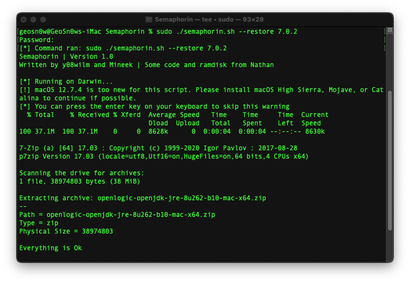 Semaphorin iOS Downgrade Tool running in Terminal.