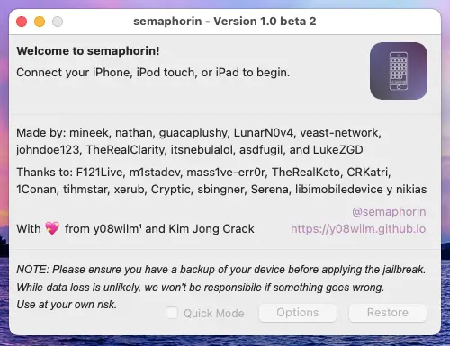 Semaphorin iOS downgrade tool running on macOS Catalina.