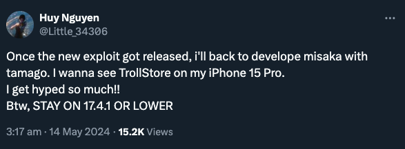 Misaka developer Huy Nguyen says this new PoC could help develop Misaka for iOS 17 and calls people to stay on iOS 17.4.1 or lower.