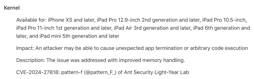 iOS 17.5 also patches a kernel vulnerability by pattern-f, a prominent jailbreak developer who has released stuff in the past.