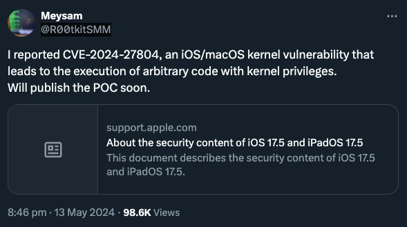 iOS 17.5 Kernel Vulnerability to be released. Likely useful for a jailbreak.