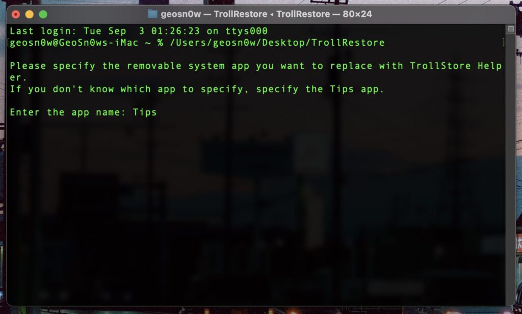 Running TrollRestore on macOS Terminal to install TrollStore on iOS 17.0