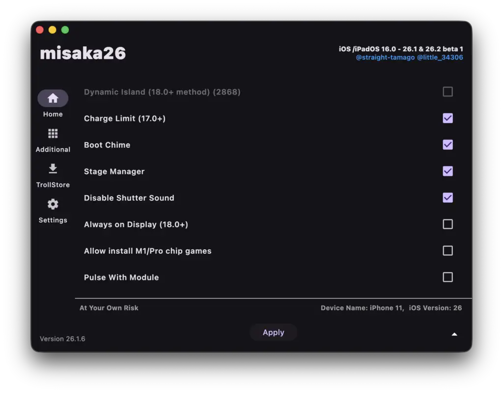 misaka26 - The Ultimate Customization Tool for iOS 17 - iOS 26.2 Beta 1 requires a saved MobileGestalt file.