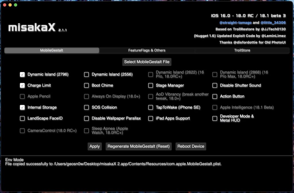 misakaX - The Ultimate Customization Tool for iOS 17 - iOS 18 requires a saved MobileGestalt file.