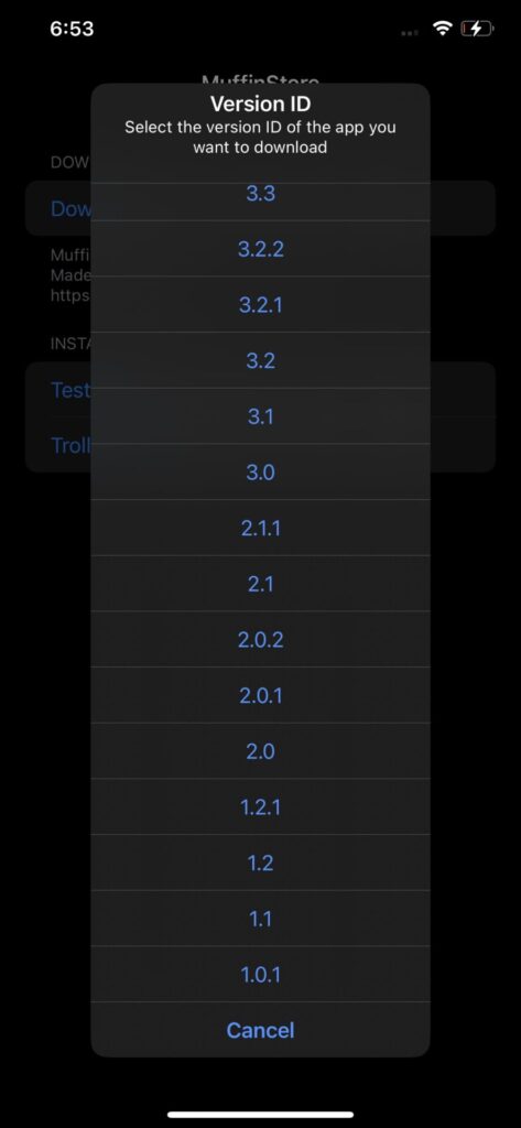 MuffinStore select iOS app version to downgrade.