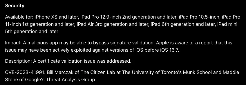 Apple patched CVE 2023 41991 the vulnerability used in TrollStore in iOS 1701 making it unavailable from then on