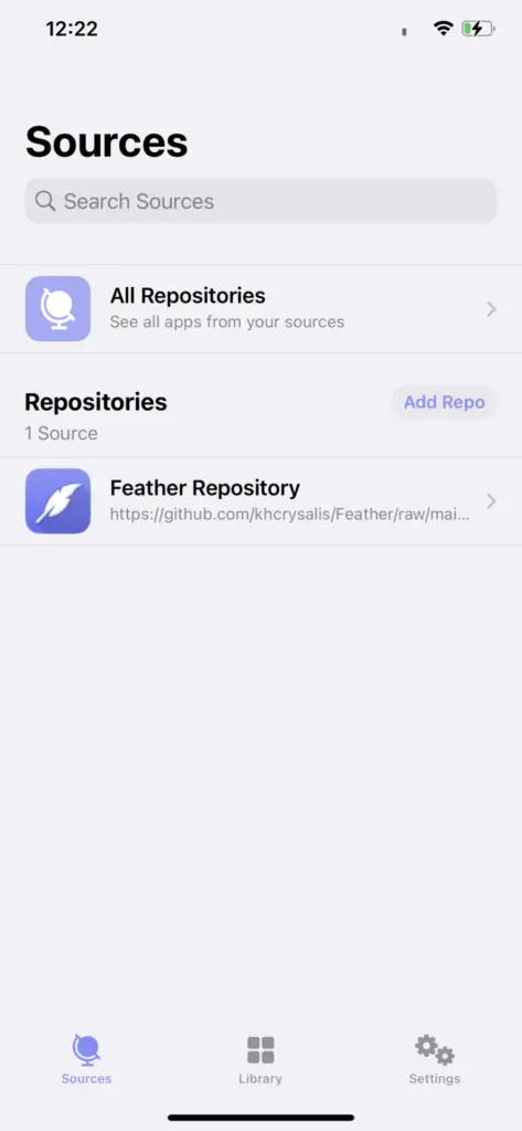 Feather IPA signer for iOS supports repositories including AltStore repos.