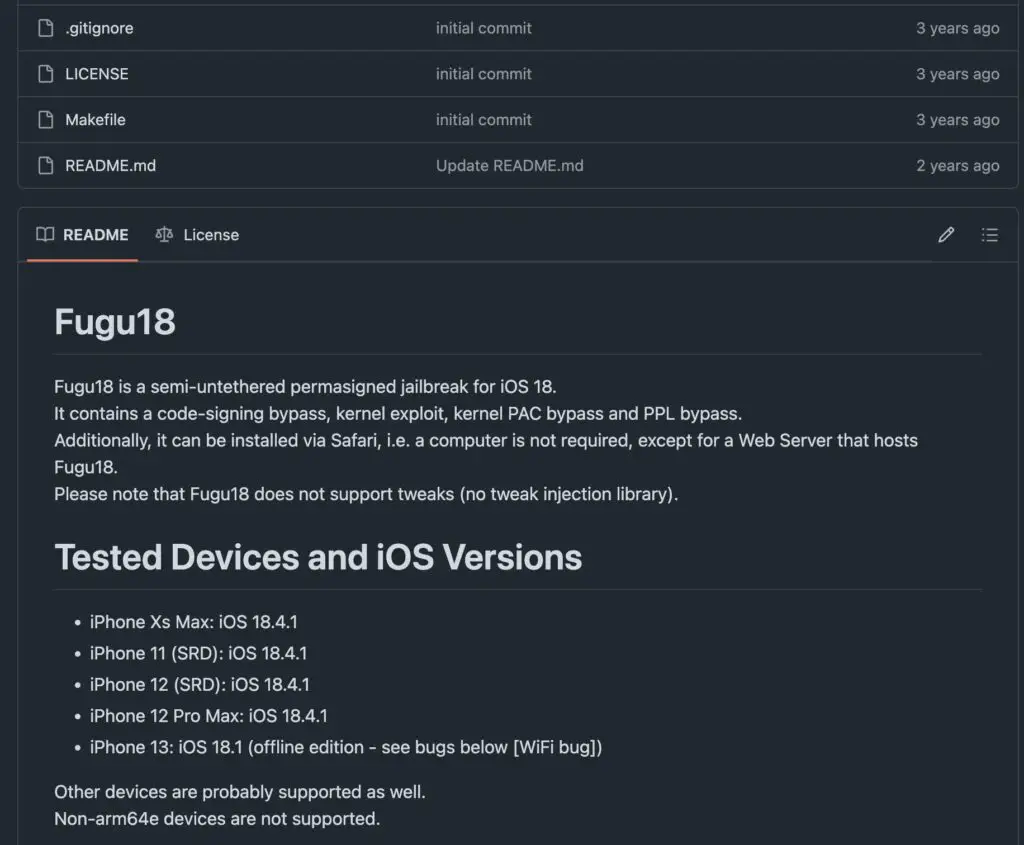 Fugu18 jailbreak claims to support iOS 18.0 - 18.4.1 (a version that doesn't even exist at the time I am writing this).