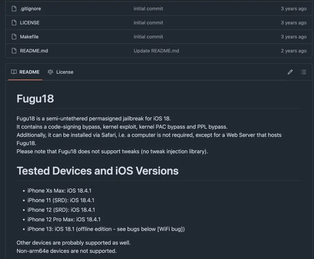 Fugu18 jailbreak claims to support iOS 18.0 - 18.4.1 (a version that doesn't even exist at the time I am writing this).