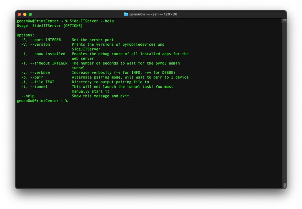 SideJitServer running on macOS terminal