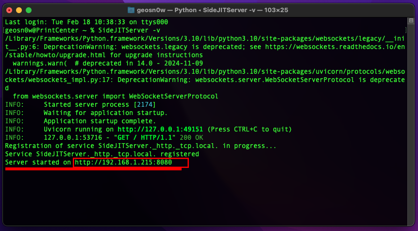 You can find the server address in the Terminal in SideJITServer.