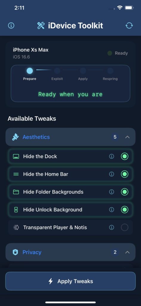 iDevice ToolKit app interface showing tweaks list