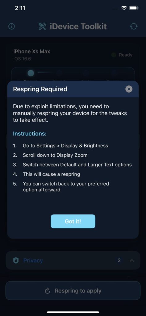iDevice Toolbox app showing respring instructions