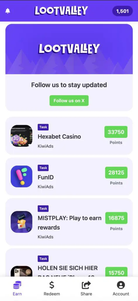 Screenshot - iDevice Central The main tab of LootValley displays all available offers and how many points you will earn for each.