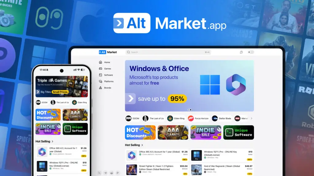 AltMarket application showing massive discounts of up to 95% for Windows and Office, and great deals for AAA games.