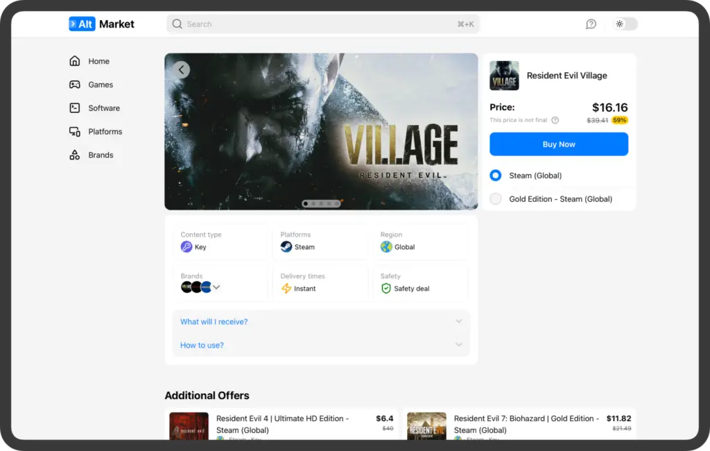 AltMarket provides access to AAA games much cheaper than buying directly from Steam, while still giving the user clear information about the price, package and delivery.