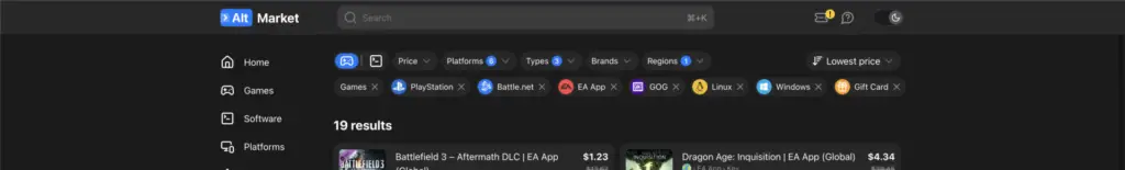AltMarket supports several filter options in the user interface so you can easily find what you are looking for.