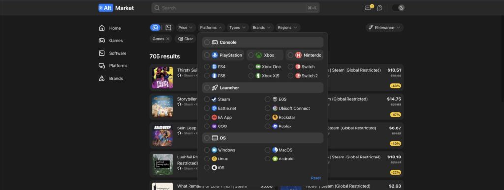 With AltMarket You can easily filter the products.