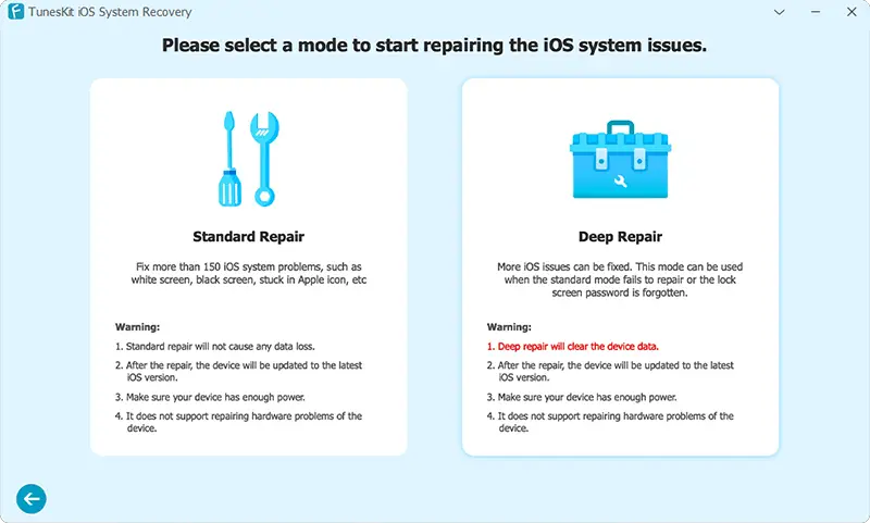 Choose a mode to start iOS Recovery with TunesKit