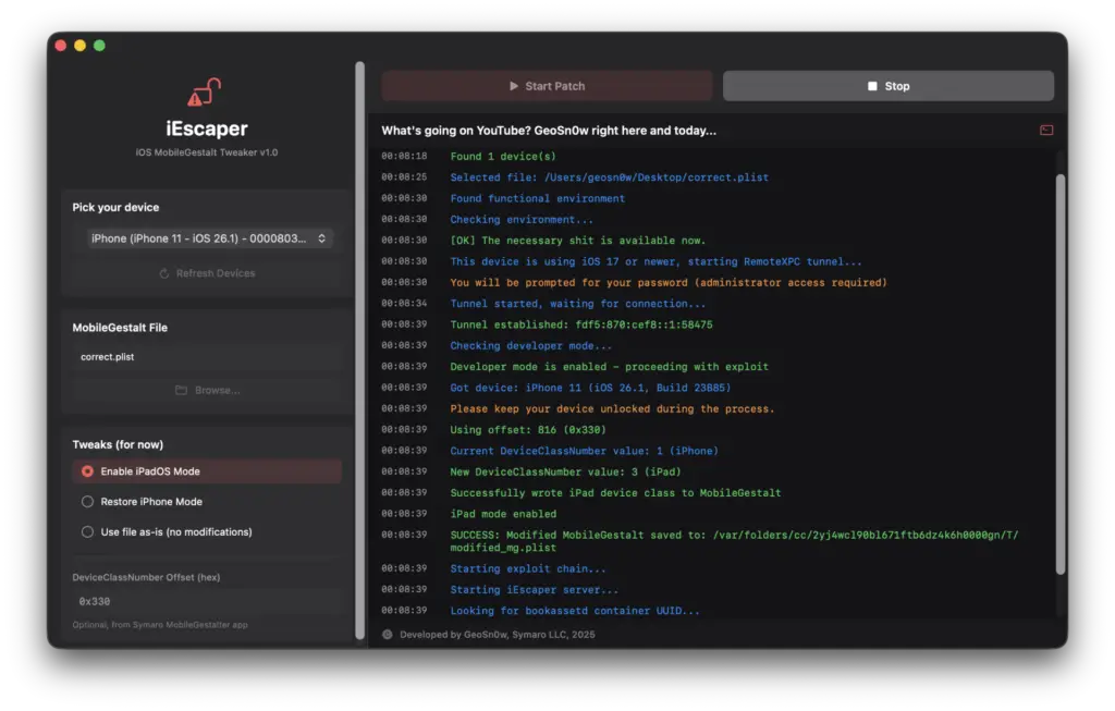 iEscaper MobileGestalt tweaker by GeoSn0w for iOS 26