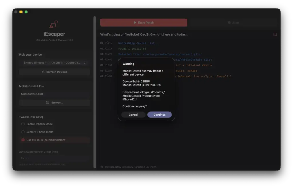iEscaper mobilegestalt safety feature detects mismatched file