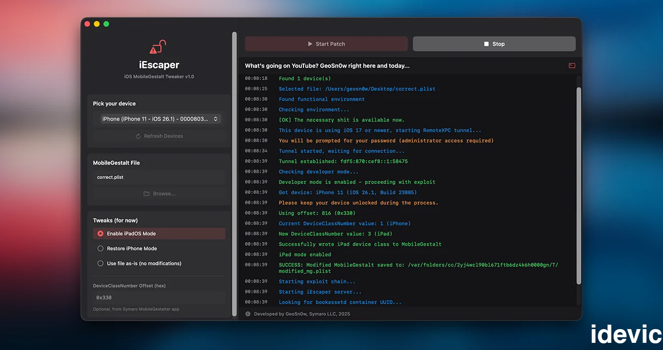 Download iEscaper – iOS MobileGestalt Tweaker for iOS 17.0 – 26.1 for All Devices